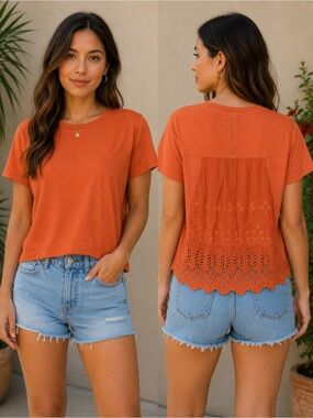 TINY Burnt Orange Lace Back Tee Boho Crochet Hem Short Sleeve Top